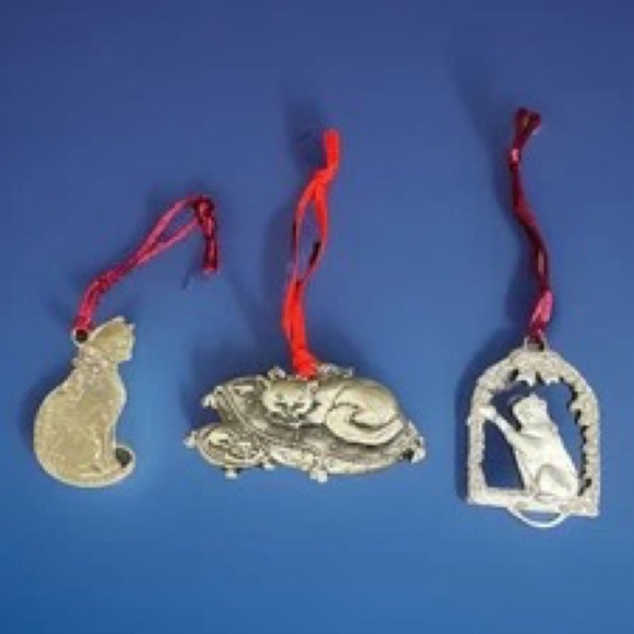Other - Silver Colored Cat Ornaments with Red Ribbons